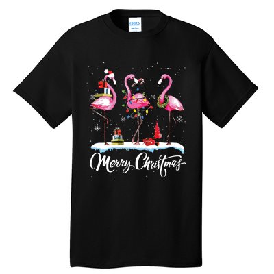 Merry Christmas Hat Santa Flamingo Light Snow Xmas Pajamas Tall T-Shirt