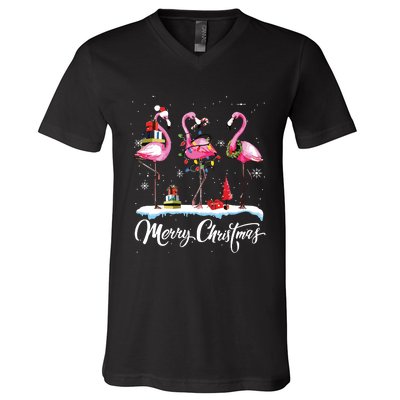 Merry Christmas Hat Santa Flamingo Light Snow Xmas Pajamas V-Neck T-Shirt