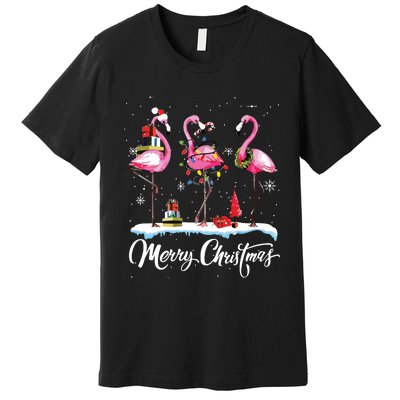 Merry Christmas Hat Santa Flamingo Light Snow Xmas Pajamas Premium T-Shirt