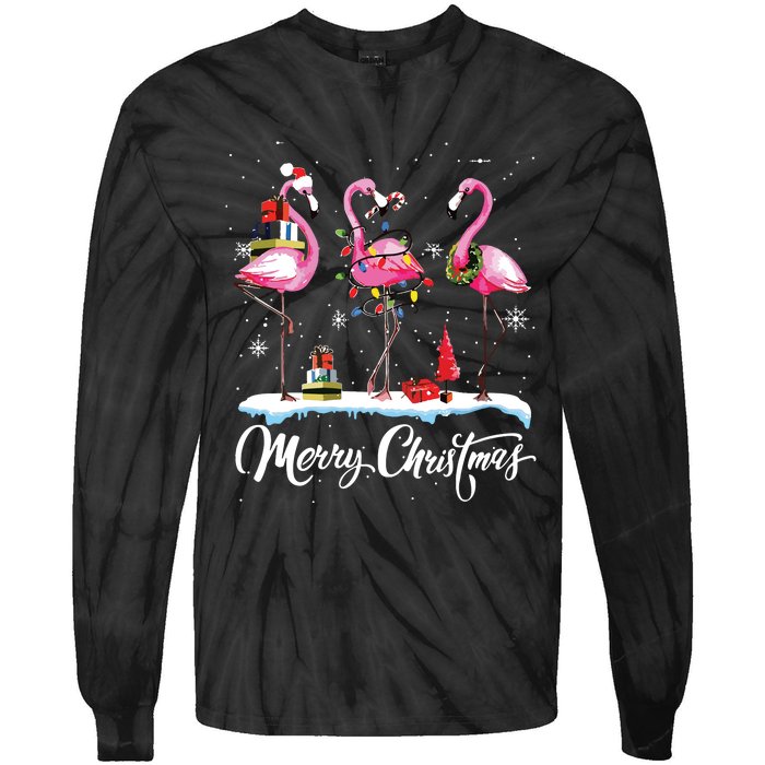 Merry Christmas Hat Santa Flamingo Light Snow Xmas Pajamas Tie-Dye Long Sleeve Shirt