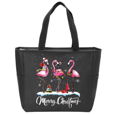 Merry Christmas Hat Santa Flamingo Light Snow Xmas Pajamas Zip Tote Bag