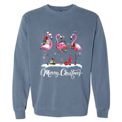 Merry Christmas Hat Santa Flamingo Light Snow Xmas Pajamas Garment-Dyed Sweatshirt