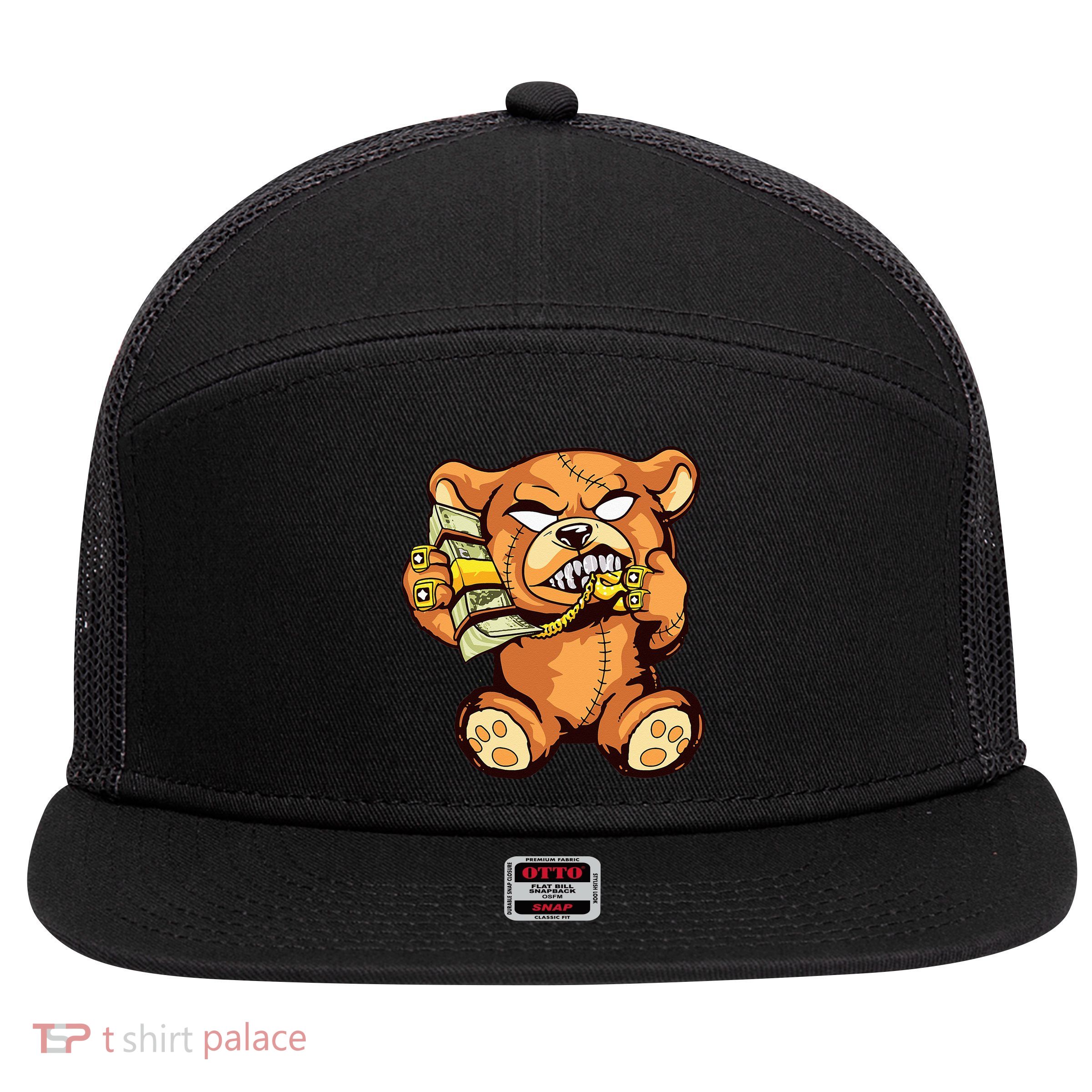 Money Calling Hip Hop Teddy Bear Gangster Rap Drip Swag Dope 7 Panel Mesh Trucker Snapback Hat