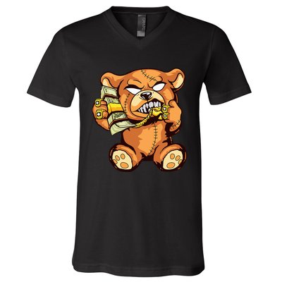 Money Calling Hip Hop Teddy Bear Gangster Rap Drip Swag Dope V-Neck T-Shirt