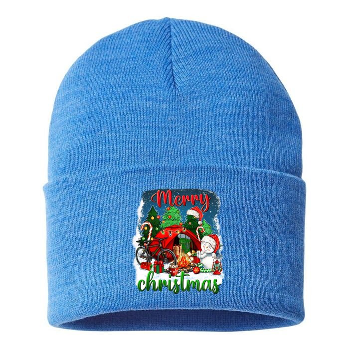 Merry Christmas Happy Camper Funny Camping Life Family Xmas Gift Sustainable Knit Beanie