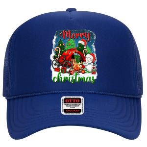 Merry Christmas Happy Camper Funny Camping Life Family Xmas Gift High Crown Mesh Back Trucker Hat