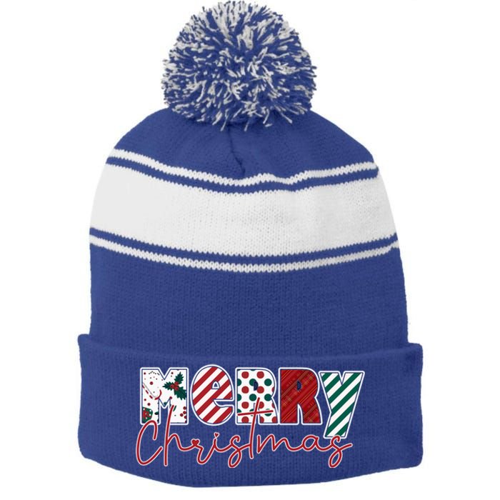 Merry Christmas Holiday Winter Vibes Christmas Gift Stripe Pom Pom Beanie