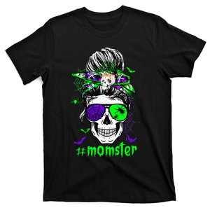 Momster Costume Halloween Skull Mom Messy Hair Bun Monster T-Shirt