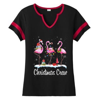 Merry Christmas Hat Santa Flamingo Light Snow Xmas Pajamas Ladies Halftime Notch Neck Tee