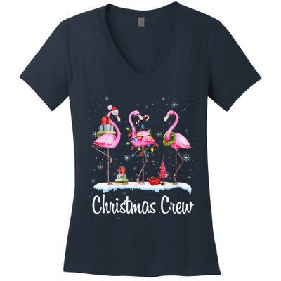 Merry Christmas Hat Santa Flamingo Light Snow Xmas Pajamas Women's V-Neck T-Shirt