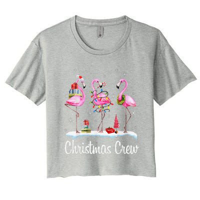 Merry Christmas Hat Santa Flamingo Light Snow Xmas Pajamas Women's Crop Top Tee