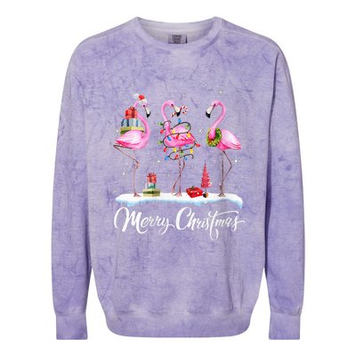 Merry Christmas Hat Santa Flamingo Light Christmas Snow Colorblast Crewneck Sweatshirt