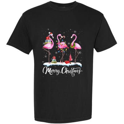 Merry Christmas Hat Santa Flamingo Light Christmas Snow Garment-Dyed Heavyweight T-Shirt