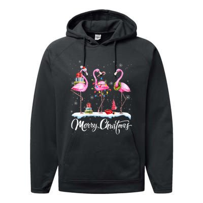 Merry Christmas Hat Santa Flamingo Light Christmas Snow Performance Fleece Hoodie