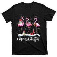 Merry Christmas Hat Santa Flamingo Light Christmas Snow T-Shirt