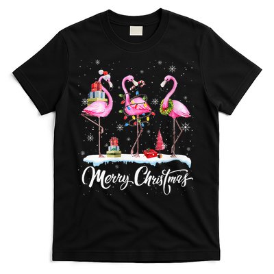 Merry Christmas Hat Santa Flamingo Light Christmas Snow T-Shirt