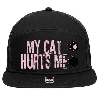 My Cat Hurts Me Funny Crazy Black Cat Scratch Sarcastic Joke 7 Panel Mesh Trucker Snapback Hat