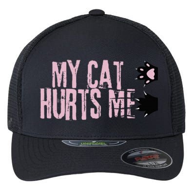 My Cat Hurts Me Funny Crazy Black Cat Scratch Sarcastic Joke Flexfit Unipanel Trucker Cap