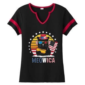 Meowica Cat Hotdog Flag 4th Of July Usa Patriotic Mousic Gift Ladies Halftime Notch Neck Tee