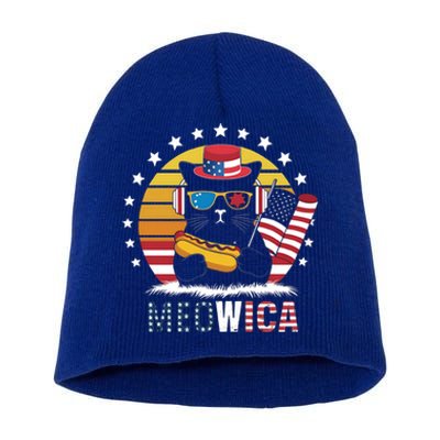 Meowica Cat Hotdog Flag 4th Of July Usa Patriotic Mousic Gift Short Acrylic Beanie