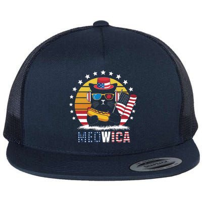 Meowica Cat Hotdog Flag 4th Of July Usa Patriotic Mousic Gift Flat Bill Trucker Hat