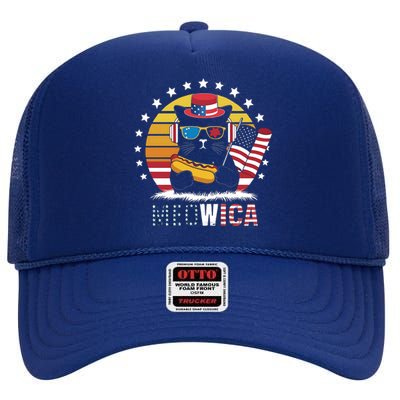 Meowica Cat Hotdog Flag 4th Of July Usa Patriotic Mousic Gift High Crown Mesh Back Trucker Hat