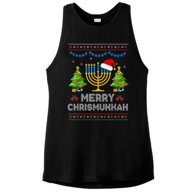 Merry Chrismukkah Happy Hanukkah Christmas Santa Hat Menorah Ladies PosiCharge Tri-Blend Wicking Tank