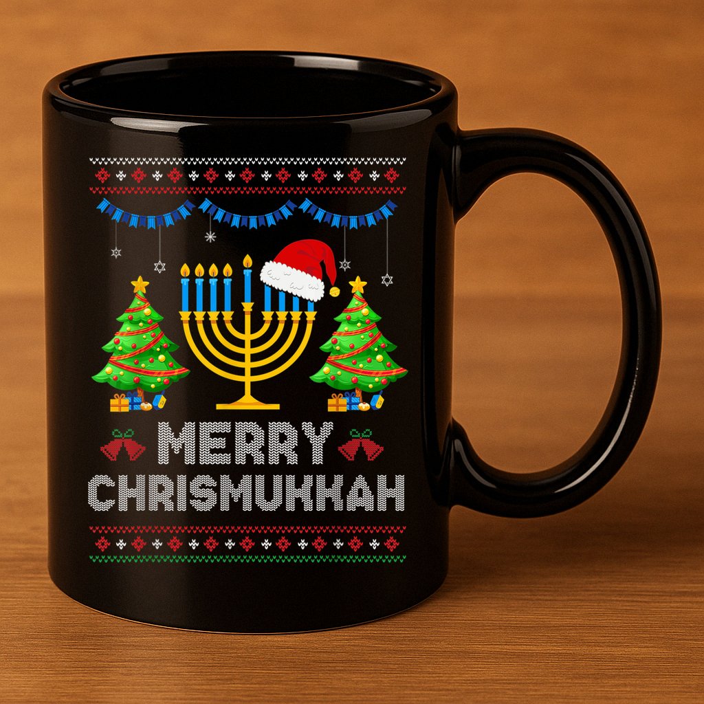 Merry Chrismukkah Happy Hanukkah Christmas Santa Hat Menorah 11oz C Handle Ceramic Mug