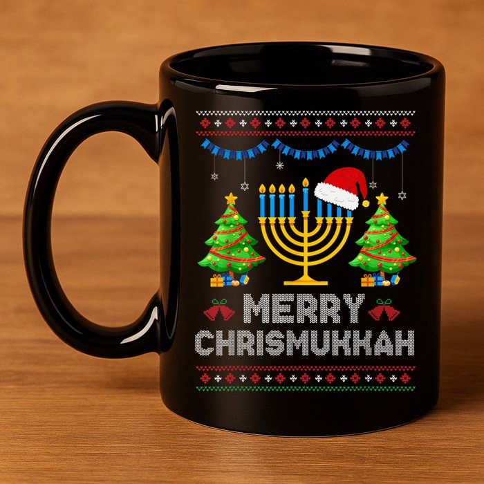 Merry Chrismukkah Happy Hanukkah Christmas Santa Hat Menorah 11oz C Handle Ceramic Mug