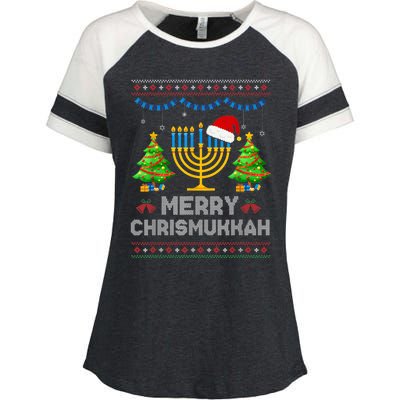 Merry Chrismukkah Happy Hanukkah Christmas Santa Hat Menorah Enza Ladies Jersey Colorblock Tee