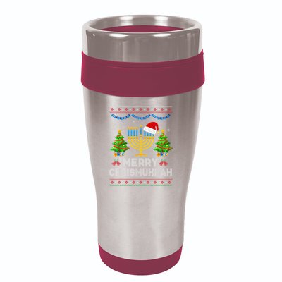 Merry Chrismukkah Happy Hanukkah Christmas Santa Hat Menorah 16oz Travel Tumbler