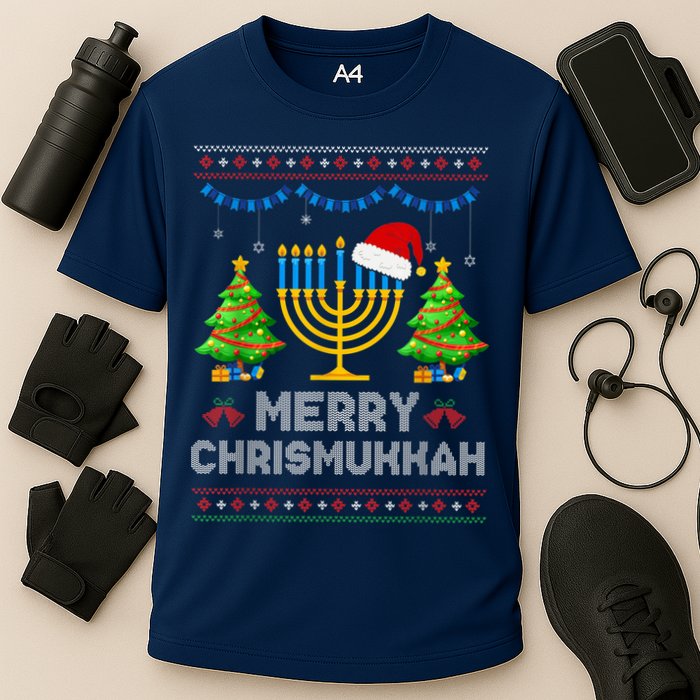 Merry Chrismukkah Happy Hanukkah Christmas Santa Hat Menorah Cooling Performance Crew T-Shirt