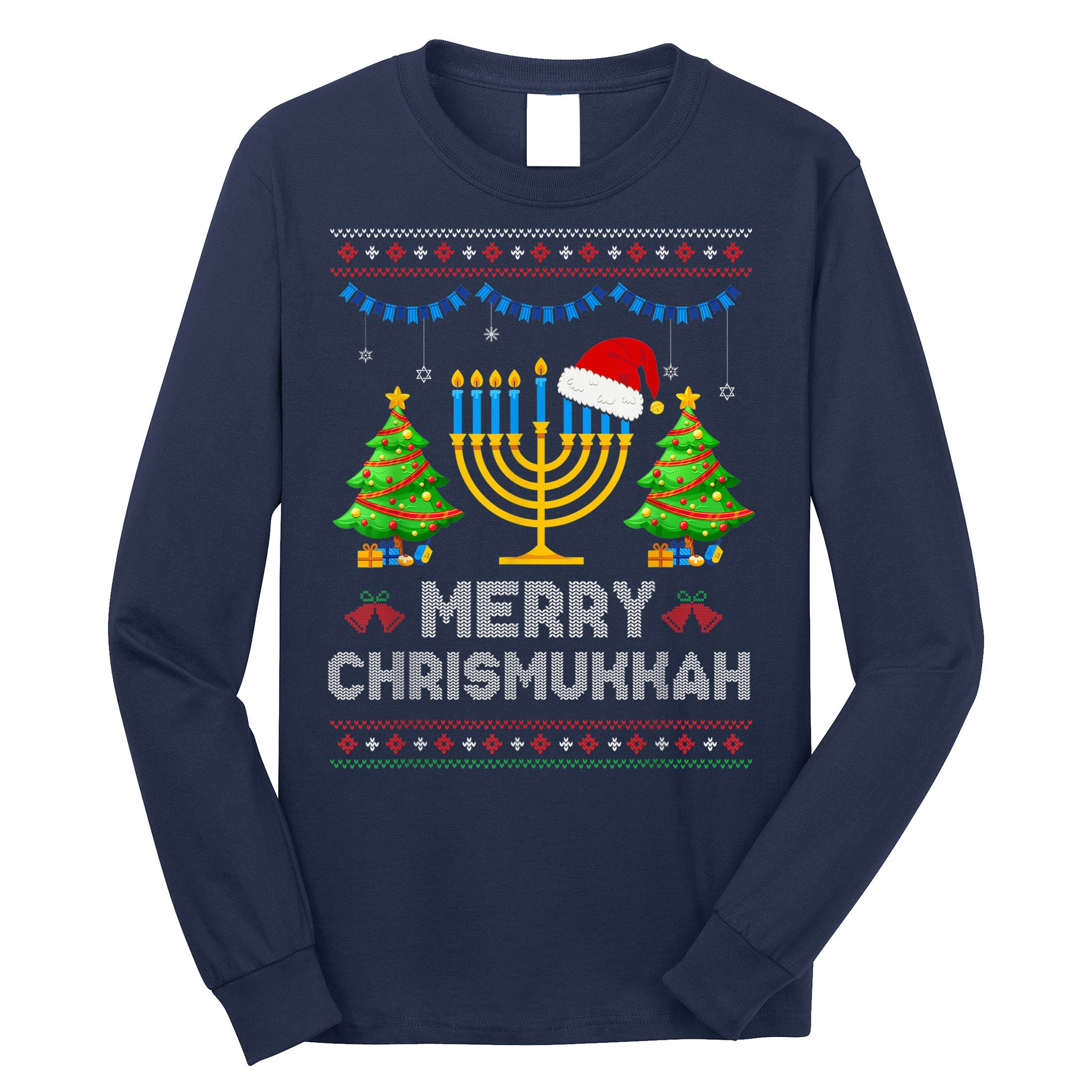 Merry Chrismukkah Happy Hanukkah Christmas Santa Hat Menorah Long Sleeve Shirt