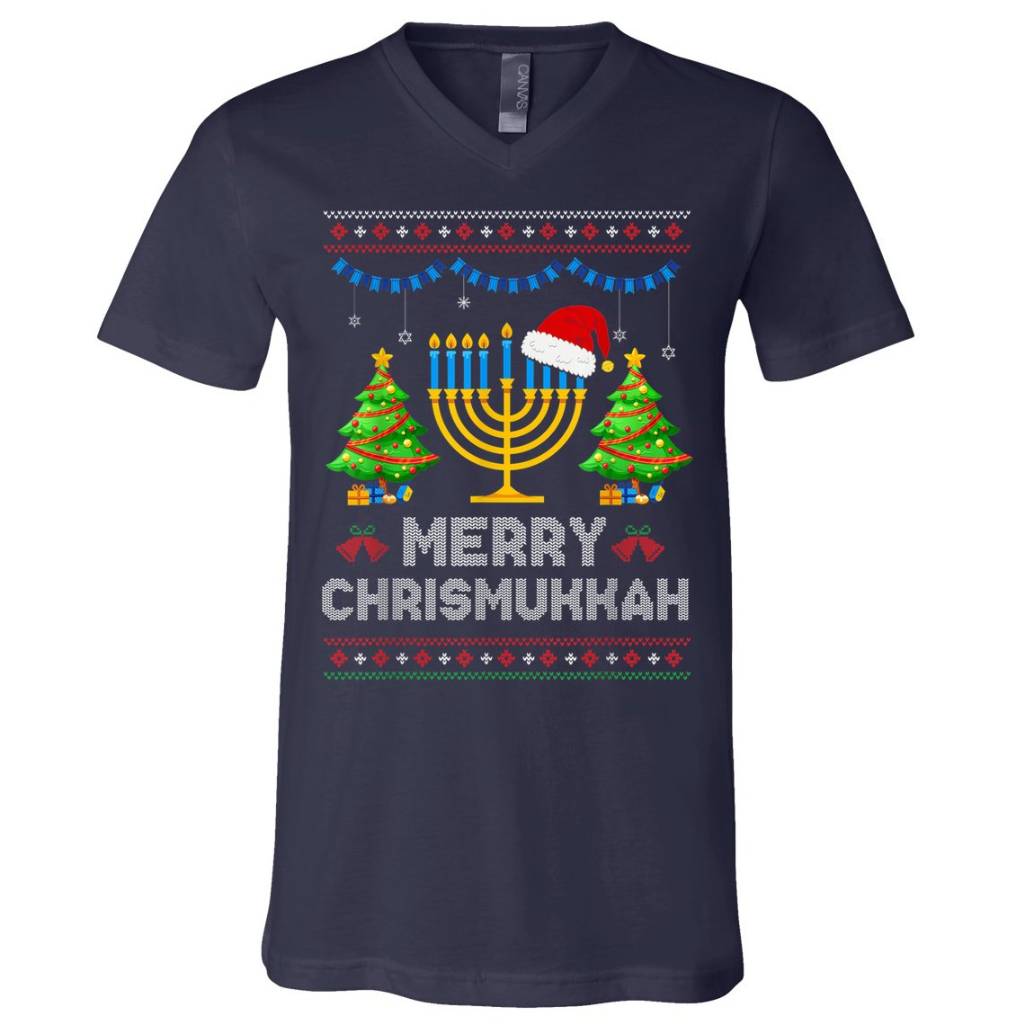 Merry Chrismukkah Happy Hanukkah Christmas Santa Hat Menorah V-Neck T-Shirt