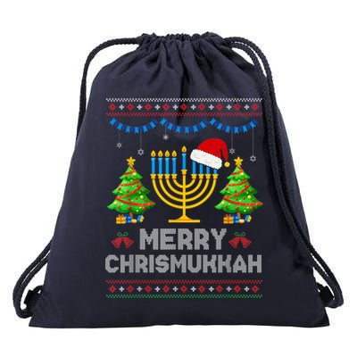 Merry Chrismukkah Happy Hanukkah Christmas Santa Hat Menorah Drawstring Bag