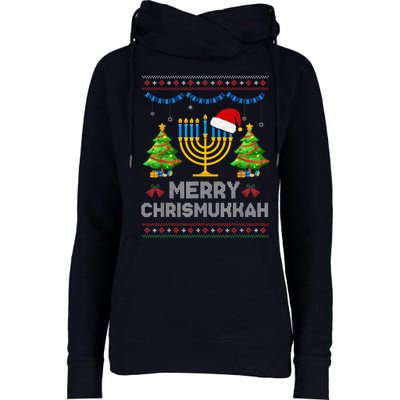 Merry Chrismukkah Happy Hanukkah Christmas Santa Hat Menorah Womens Funnel Neck Pullover Hood