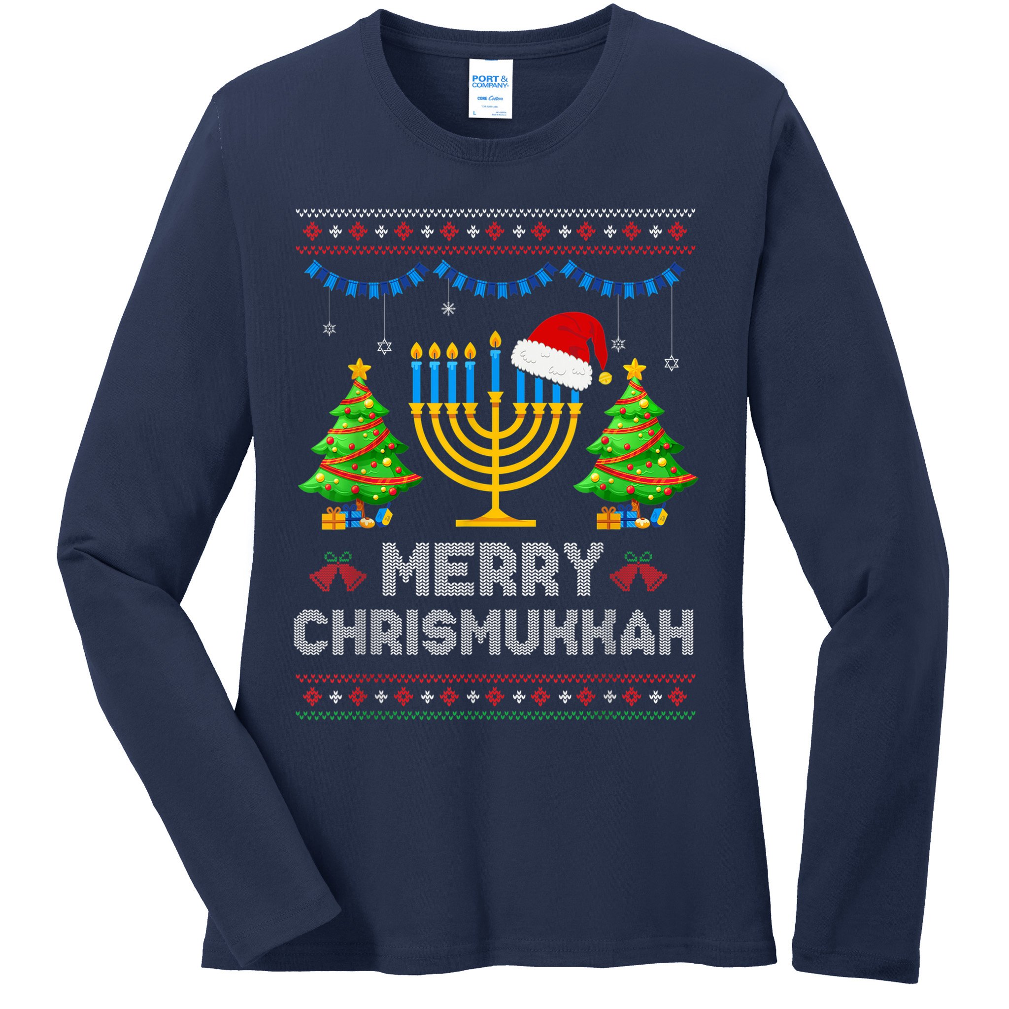 Merry Chrismukkah Happy Hanukkah Christmas Santa Hat Menorah Ladies Long Sleeve Shirt