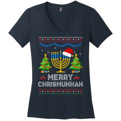 Merry Chrismukkah Happy Hanukkah Christmas Santa Hat Menorah Women's V-Neck T-Shirt