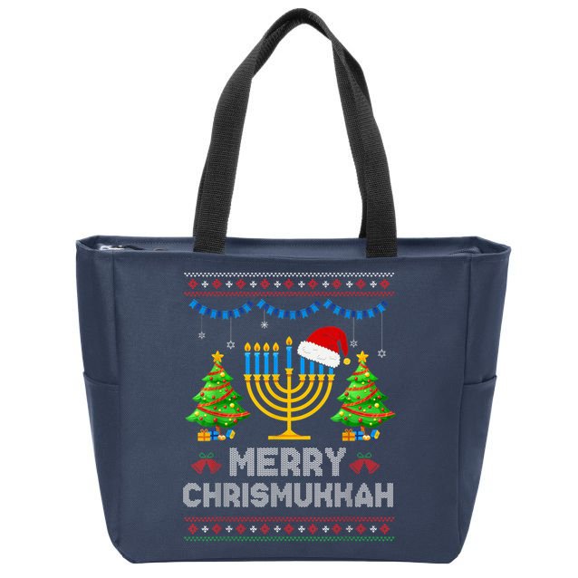 Merry Chrismukkah Happy Hanukkah Christmas Santa Hat Menorah Zip Tote Bag