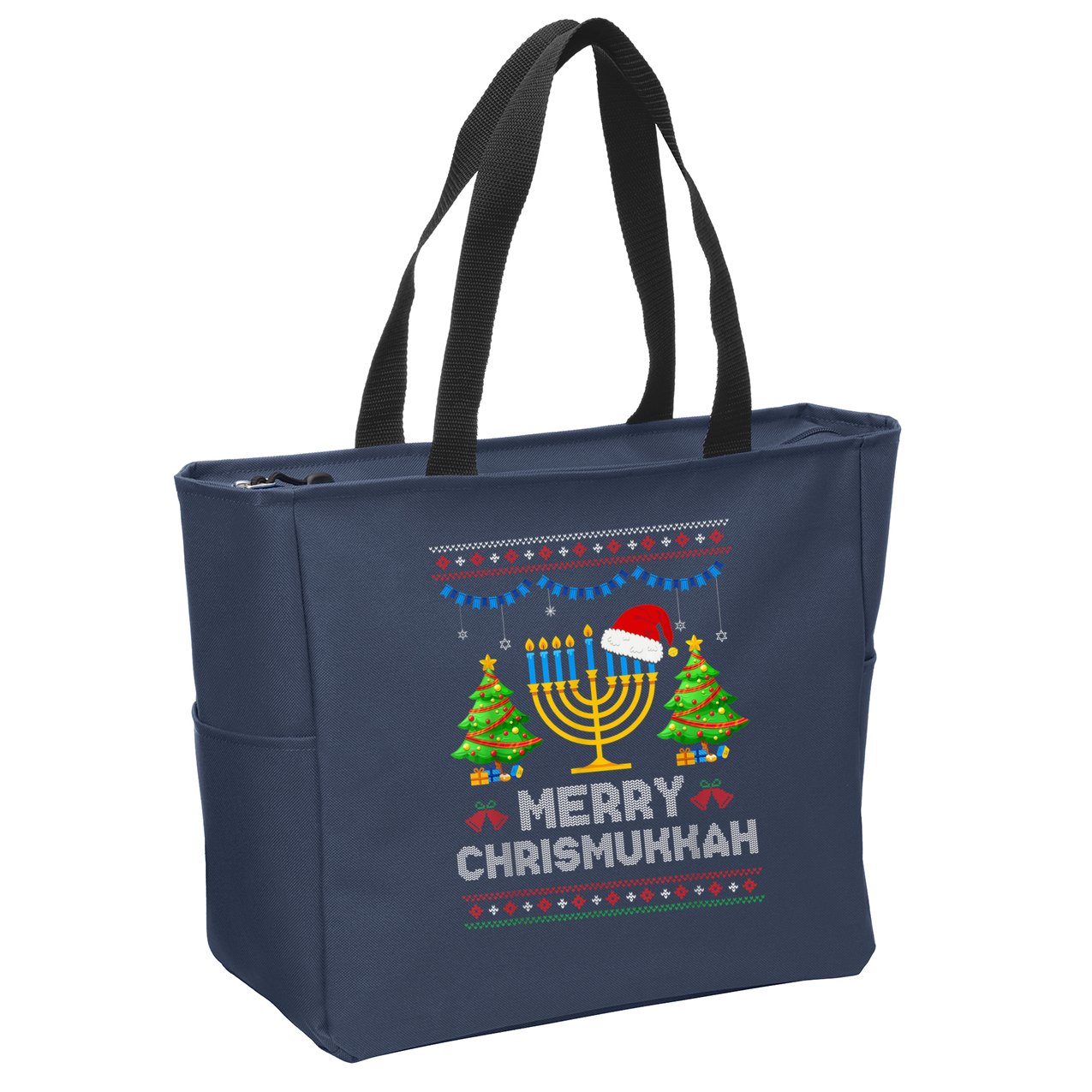 Merry Chrismukkah Happy Hanukkah Christmas Santa Hat Menorah Zip Tote Bag