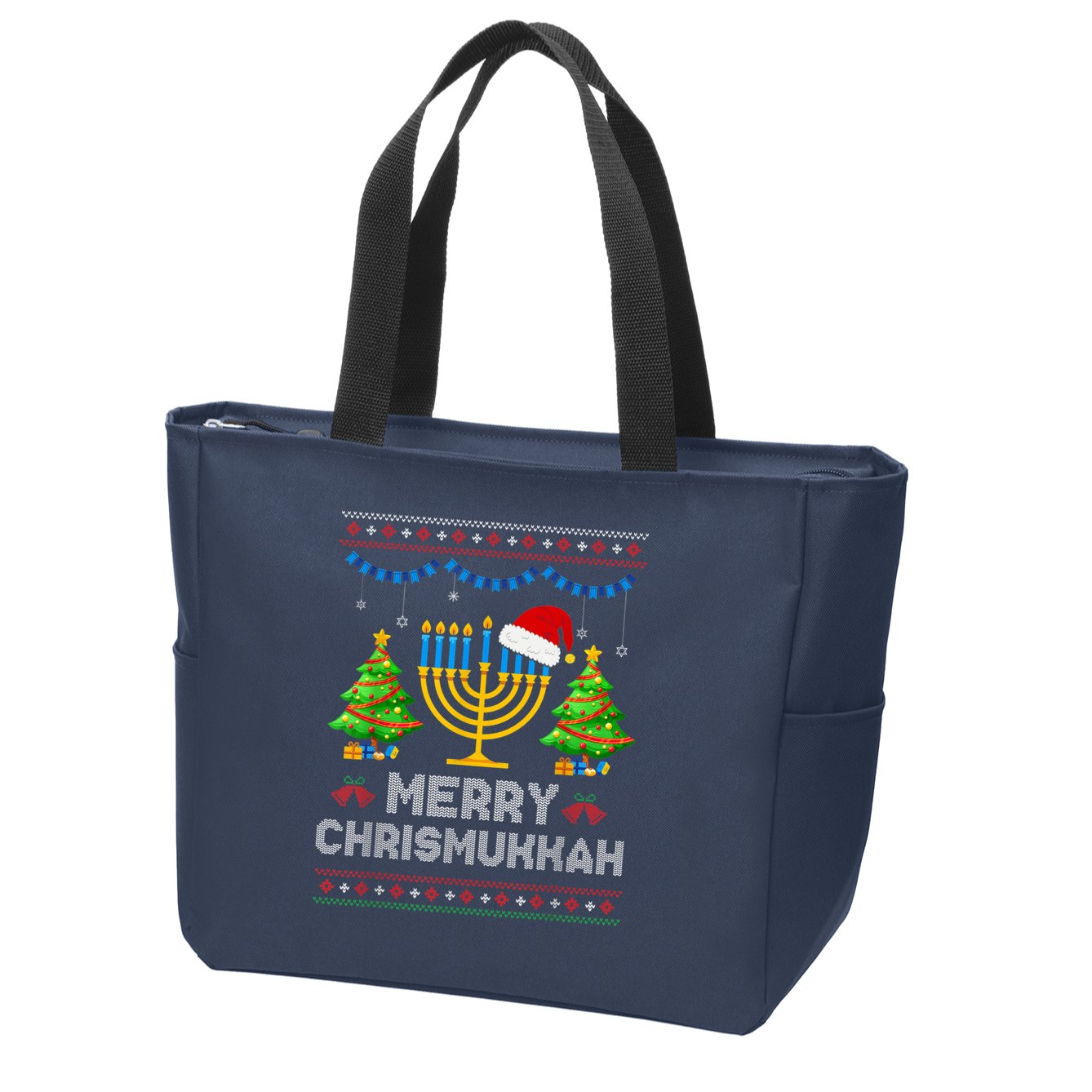 Merry Chrismukkah Happy Hanukkah Christmas Santa Hat Menorah Zip Tote Bag