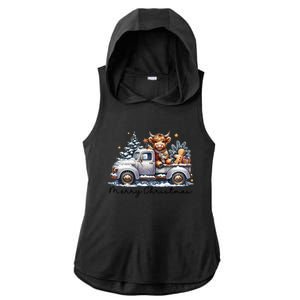 Merry Christmas Highland Cow Western Santa Hat Xmas Ladies PosiCharge Tri-Blend Wicking Draft Hoodie Tank