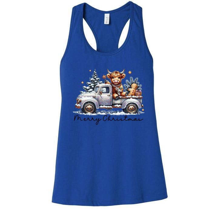 Merry Christmas Highland Cow Western Santa Hat Xmas Women's Racerback Tank