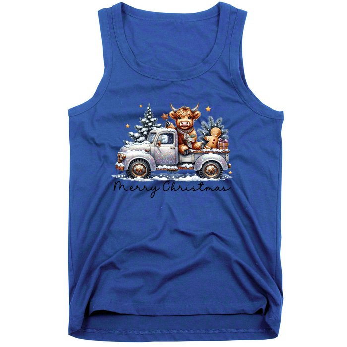 Merry Christmas Highland Cow Western Santa Hat Xmas Tank Top