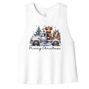 Merry Christmas Highland Cow Western Santa Hat Xmas Women's Racerback Cropped Tank