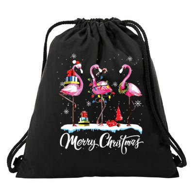 Merry Christmas Hat Santa Flamingo Light Snow Xmas Pajamas Drawstring Bag