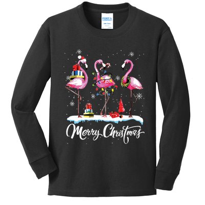 Merry Christmas Hat Santa Flamingo Light Snow Xmas Pajamas Kids Long Sleeve Shirt