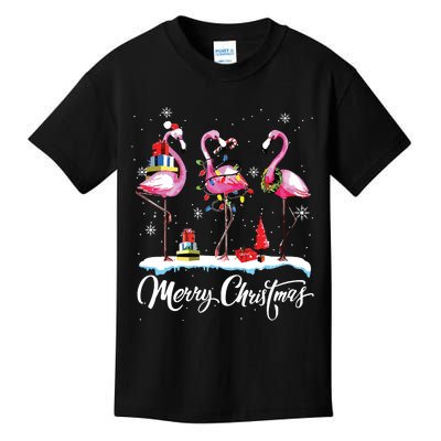 Merry Christmas Hat Santa Flamingo Light Snow Xmas Pajamas Kids T-Shirt