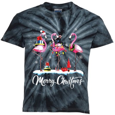 Merry Christmas Hat Santa Flamingo Light Snow Xmas Pajamas Kids Tie-Dye T-Shirt