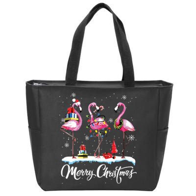 Merry Christmas Hat Santa Flamingo Light Snow Xmas Pajamas Zip Tote Bag